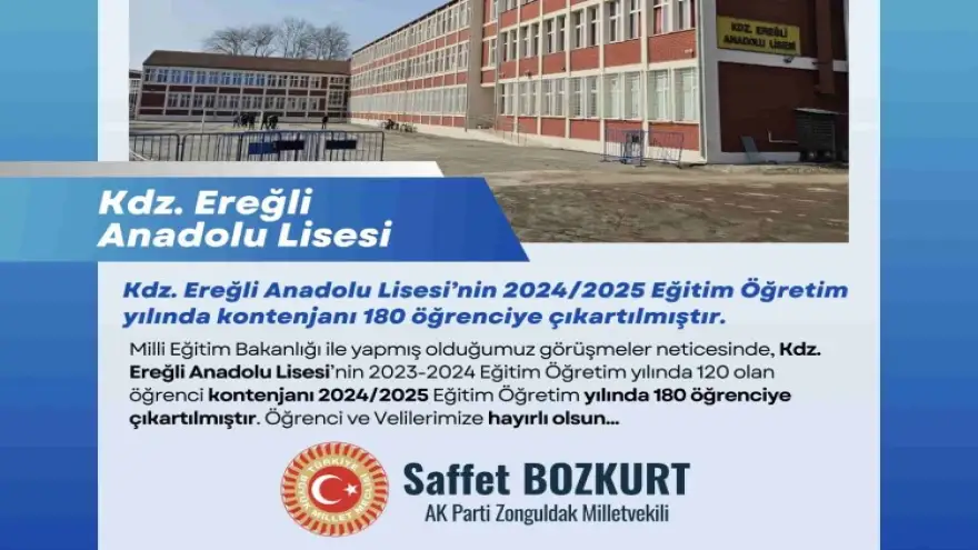 Ereğli Lisesi öğrenci kontenjanı 180’e çıkartıldı