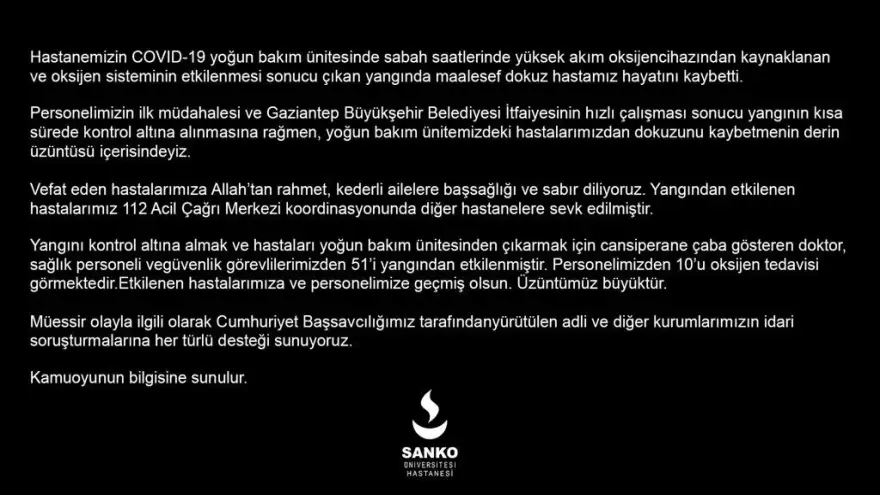 SANKO Üniversitesi Hastanesi'nden yangınla ilgili açıklama