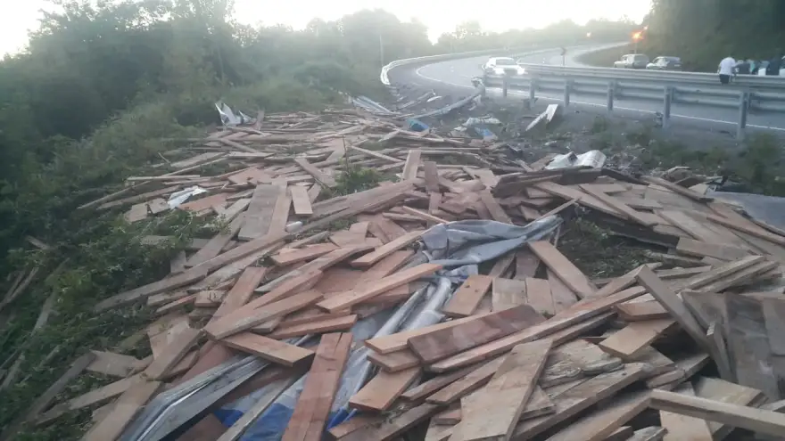 Tahta yüklü kamyon yoldan çıkarak devrildi