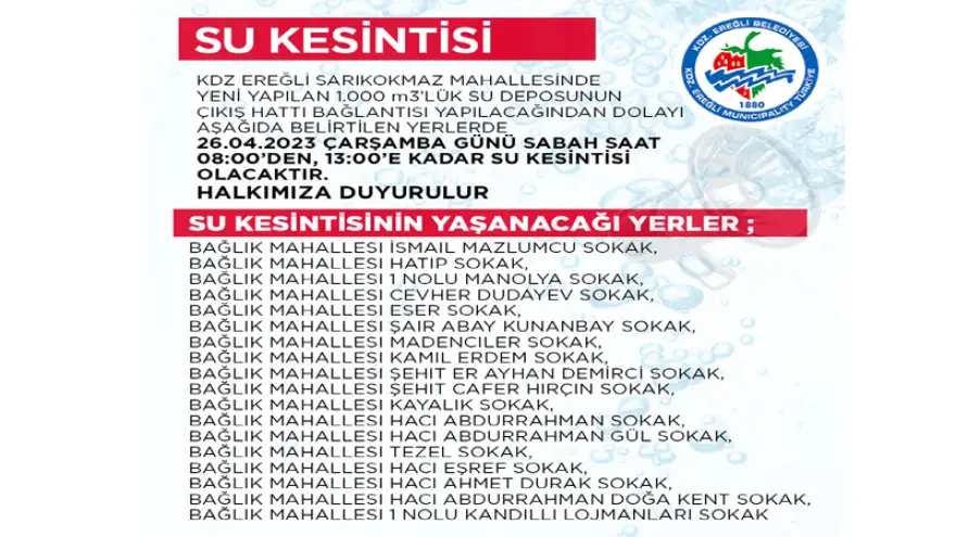 Ereğli Belediyesi'nden Su Kesintisi Duyurusu