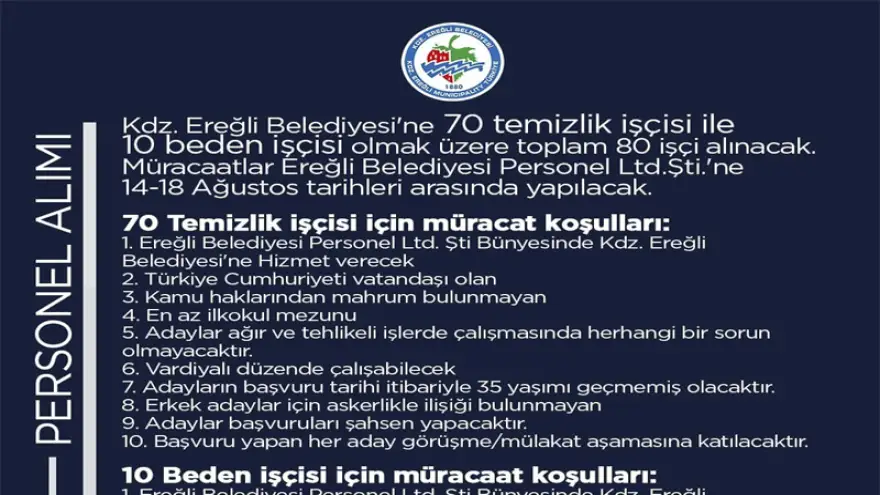 Ereğli Belediyesi'ne 80 işçi alınacak...