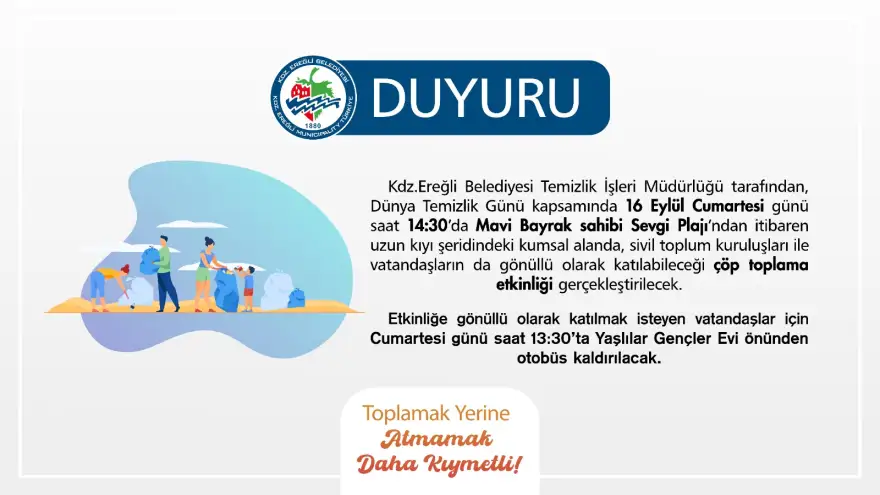 Ereğli'de Dünya Temizlik Günü’nde Plaj Bölgesinde Çöpler Toplanacak